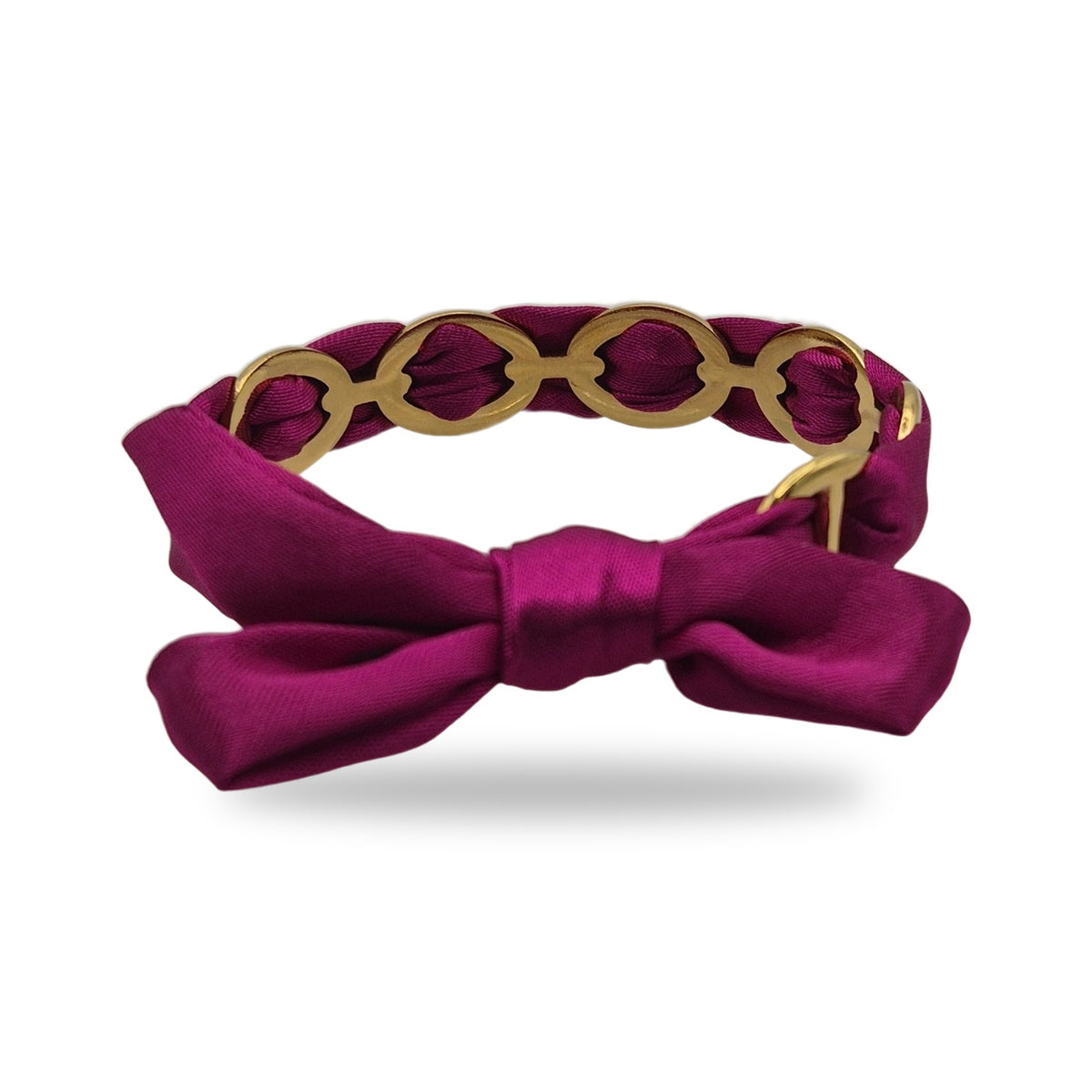 Bracelet ruban noué fuchsia maillons dorés