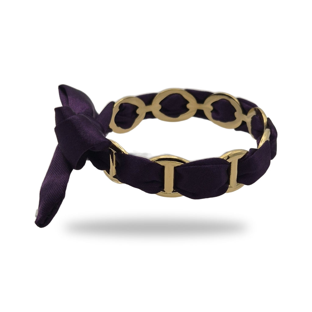 Bracelet ruban noué violet, profil