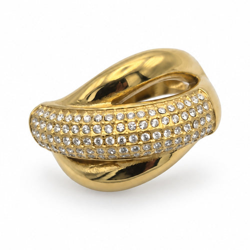 Bague croisée pavée réglable dorée, vue de face