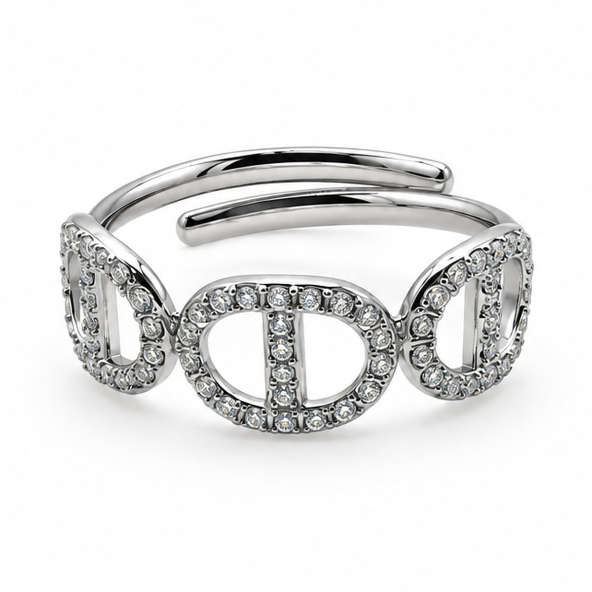 Bague trois maillons marine pavés réglable, argentée