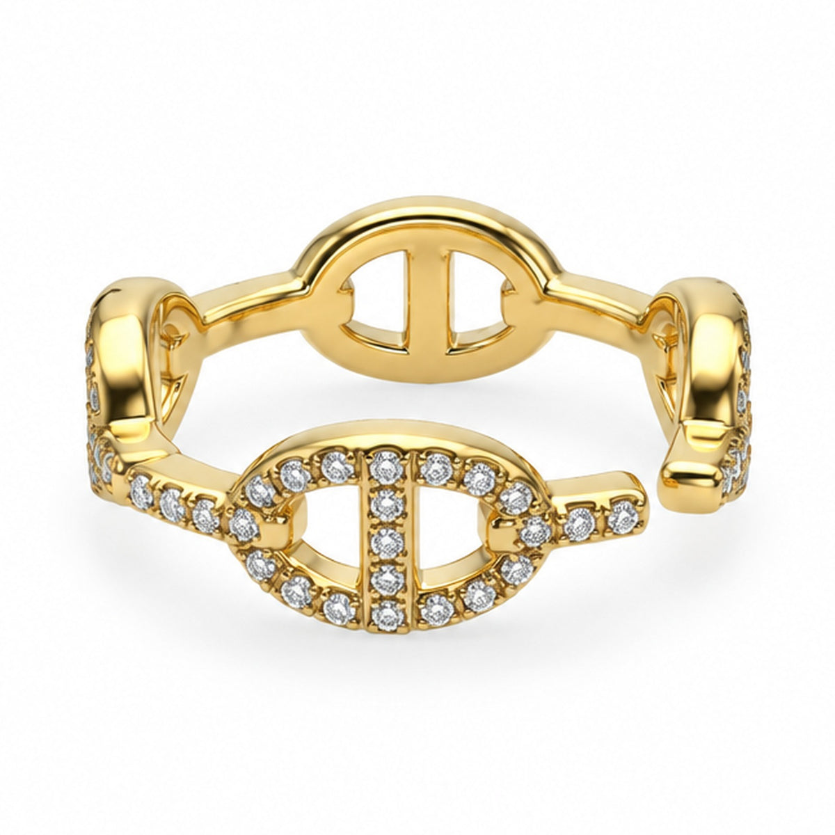 Bague maillons marine pavés ouverte réglable, dorée