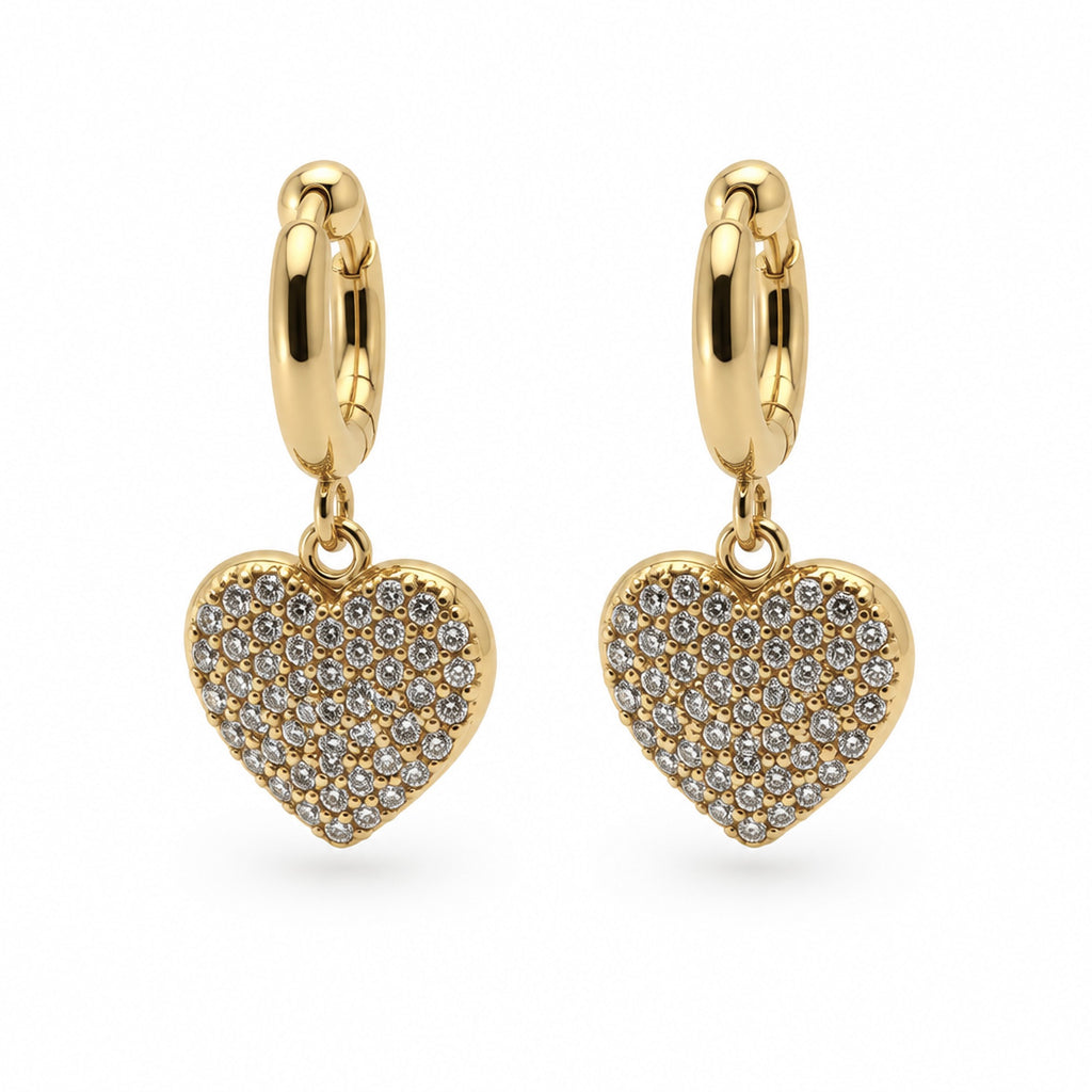 Boucles d'oreilles Cœur Pavé dorées, vue de face