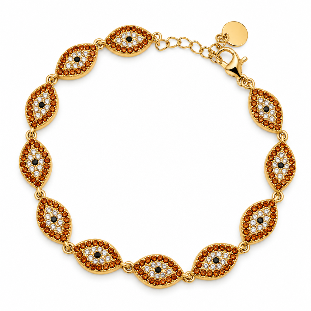 Bracelet œil protecteur pavé ambre, acier 316L doré