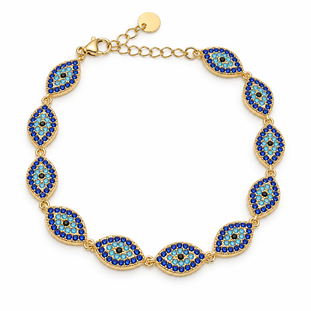 Bracelet œil protecteur pavé bleu, acier 316L doré