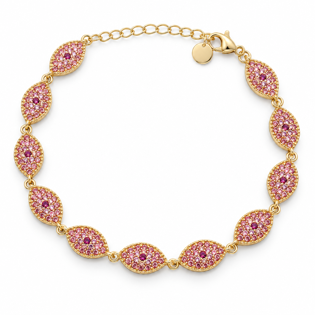 Bracelet œil protecteur pavé rose, acier 316L doré