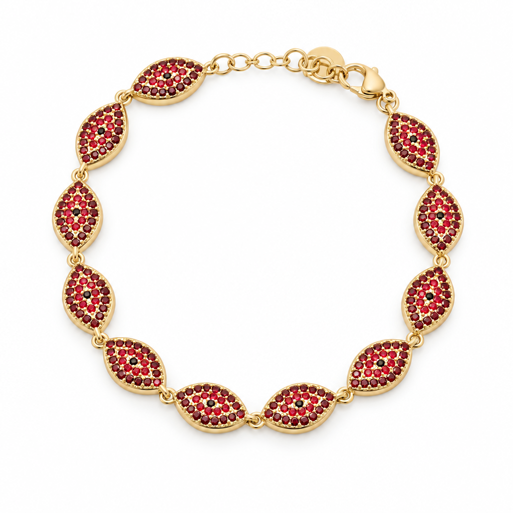 Bracelet œil protecteur pavé rouge, acier 316L doré