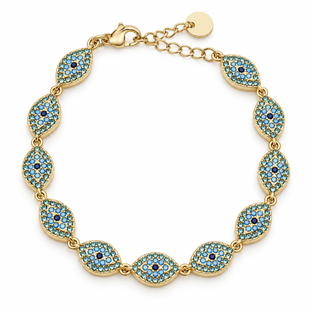 Bracelet œil protecteur pavé turquoise, acier 316L doré