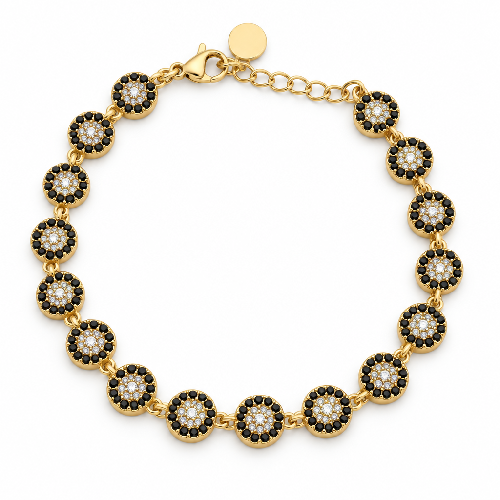Bracelet œil rond pavé noir-cristal, acier 316L doré