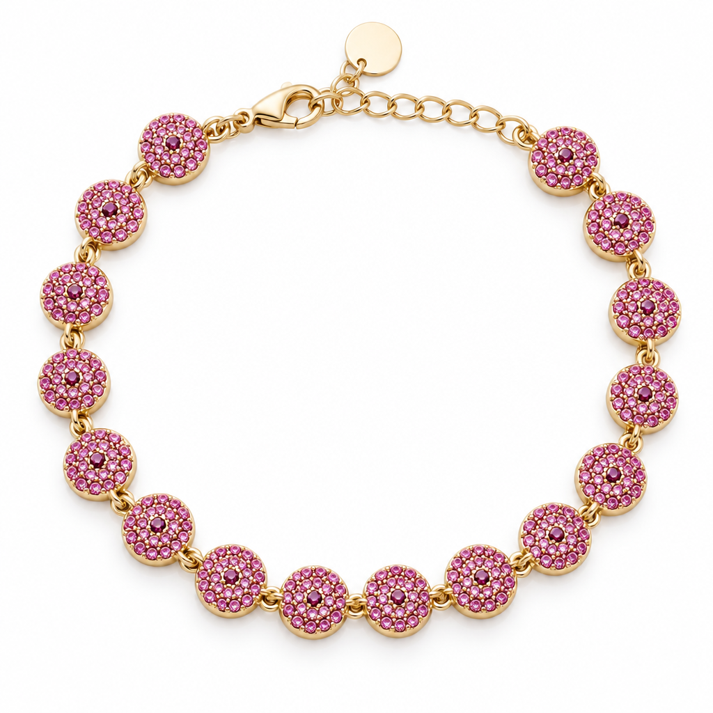 Bracelet œil rond pavé rose, acier 316L doré