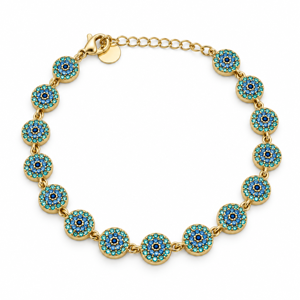 Bracelet œil rond pavé turquoise-bleu, acier 316L doré
