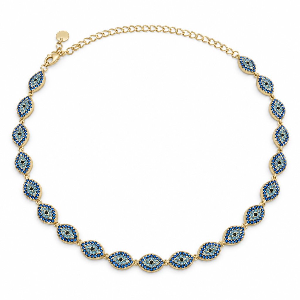 Collier œil protecteur pavé bleu, acier 316L doré