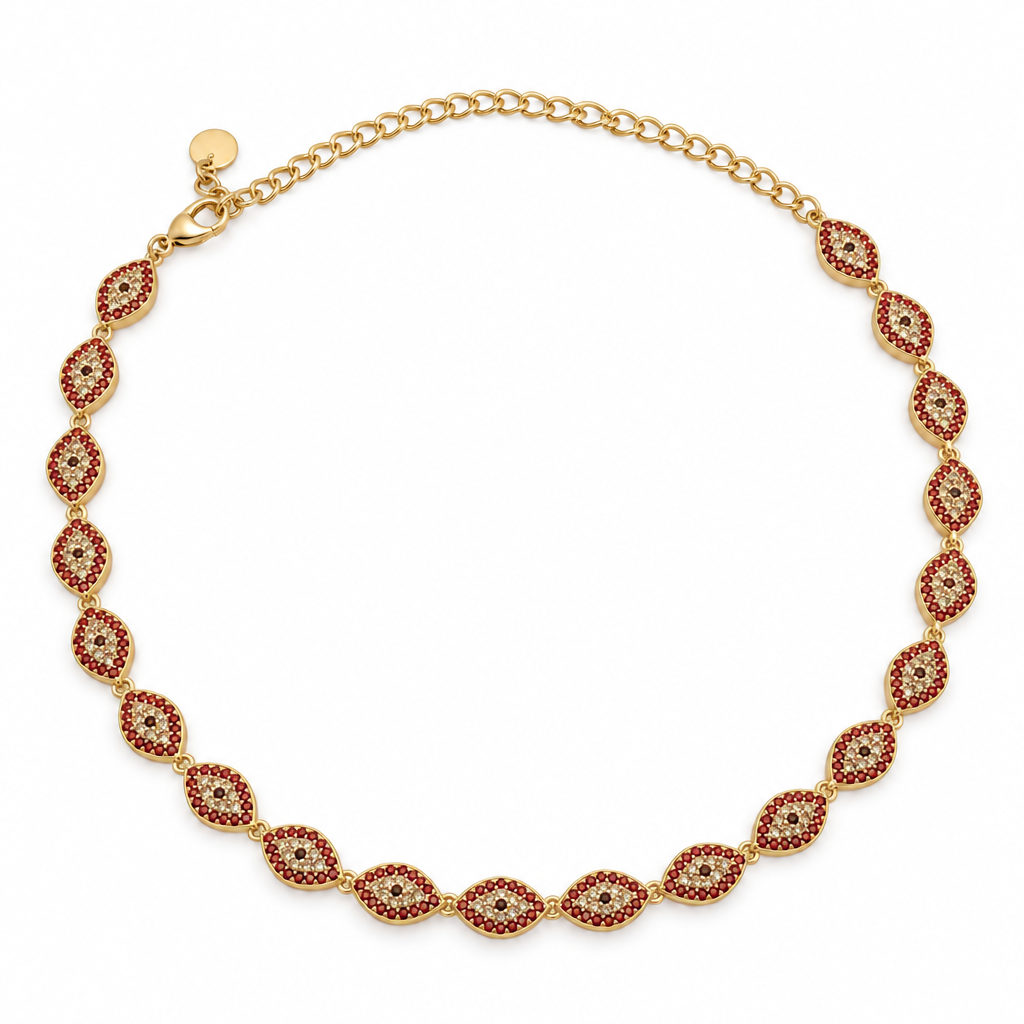 Collier œil protecteur pavé rouge, acier 316L doré