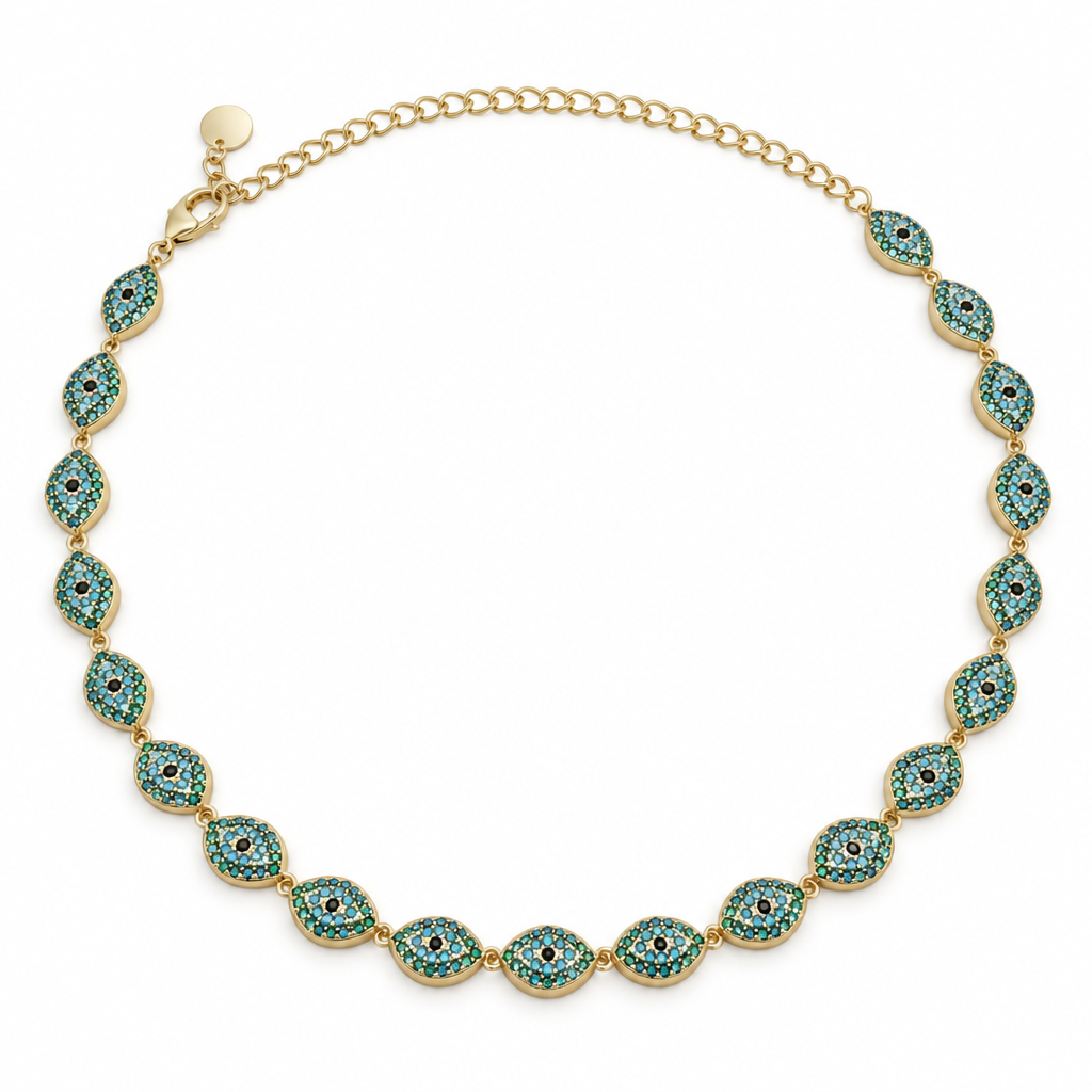 Collier œil protecteur pavé turquoise, acier 316L doré