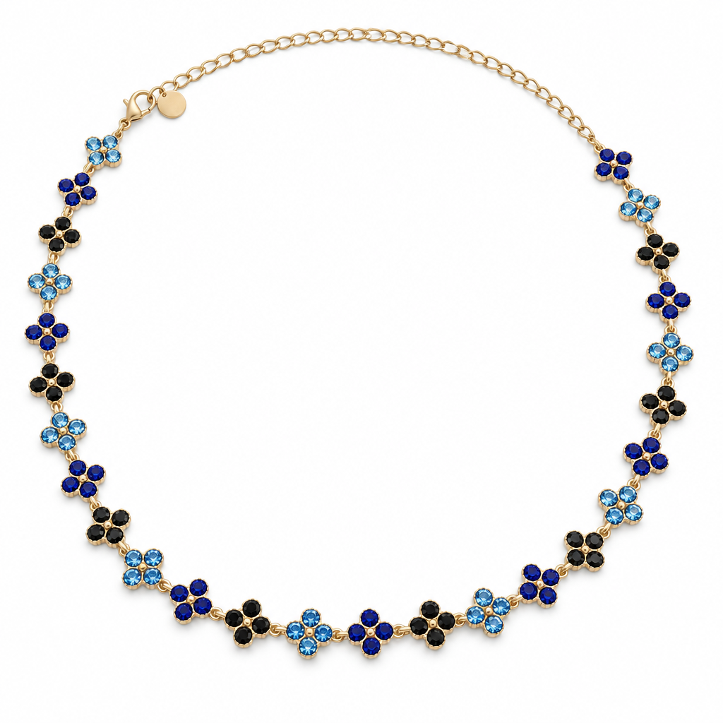 Collier trèfles cristal bleu-bleu ciel-noir