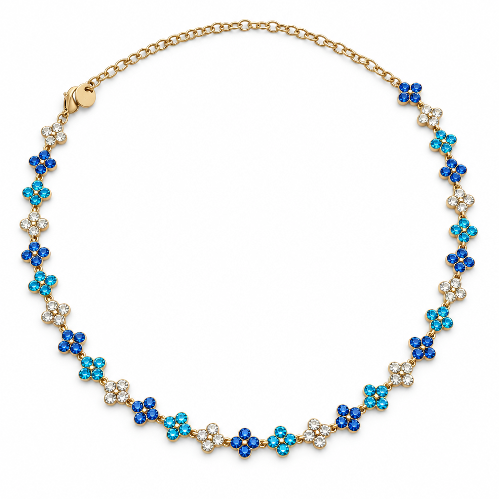 Collier trèfles cristal bleu-turquoise-cristal