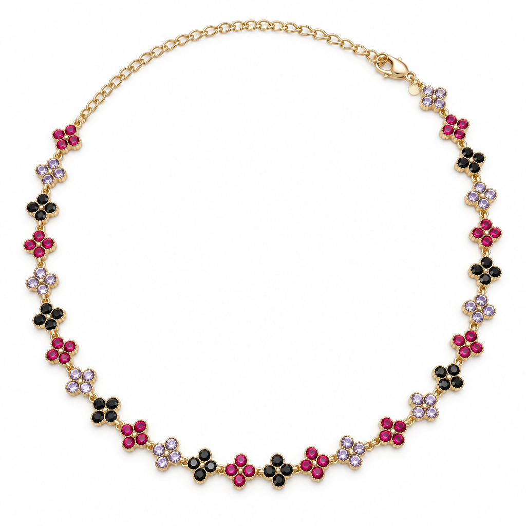 Collier trèfles cristal fuchsia-lilas-noir