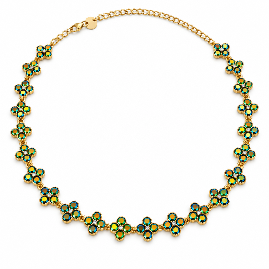 Collier trèfles cristal vert irisé