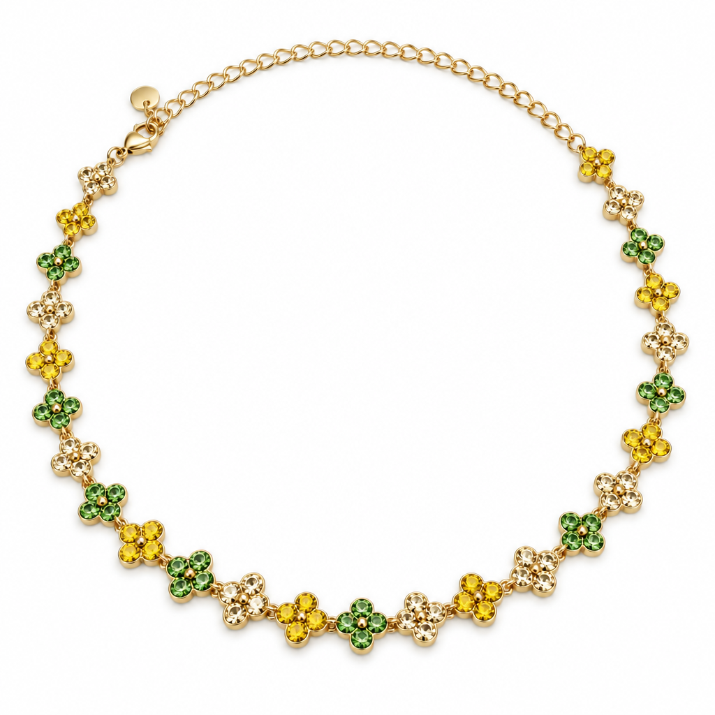 Collier trèfles cristal jaune-vert-champagne
