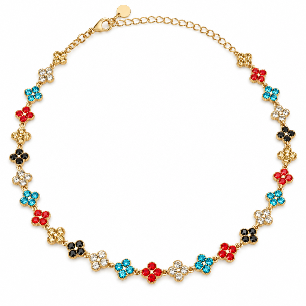 Collier trèfles cristal multicolore turquoise-rouge-noir