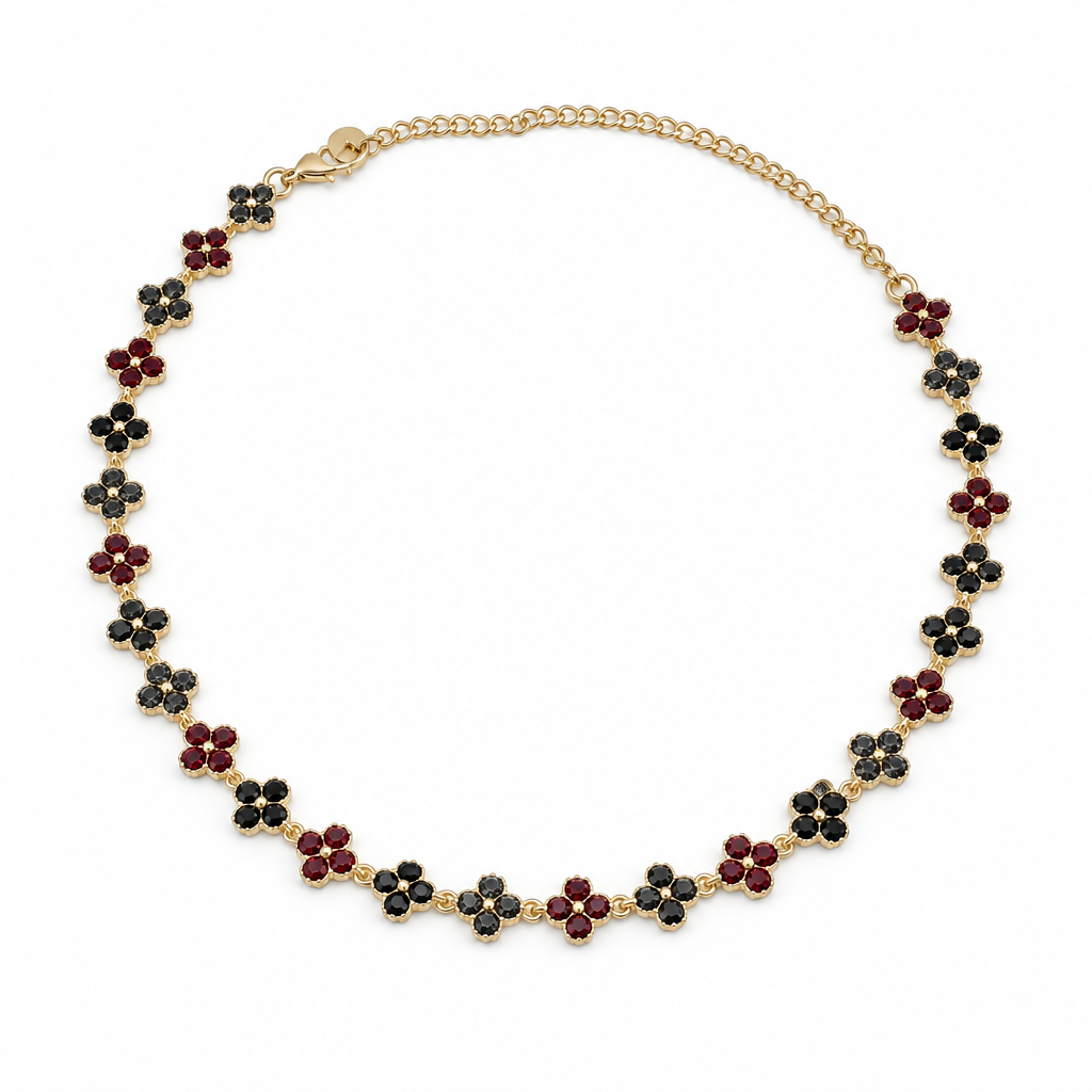 Collier trèfles cristal noir-rouge-gris