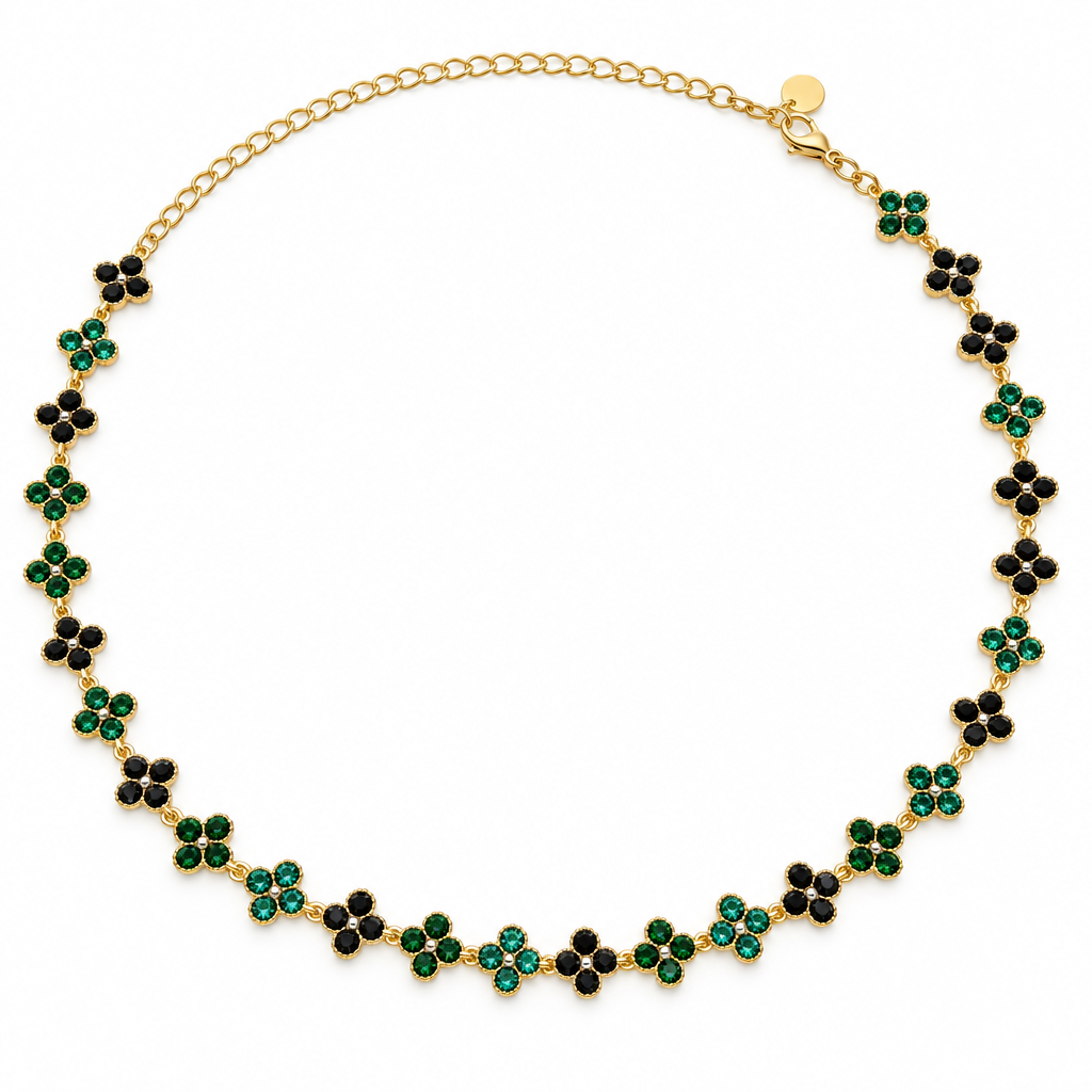 Collier trèfles cristal noir-vert