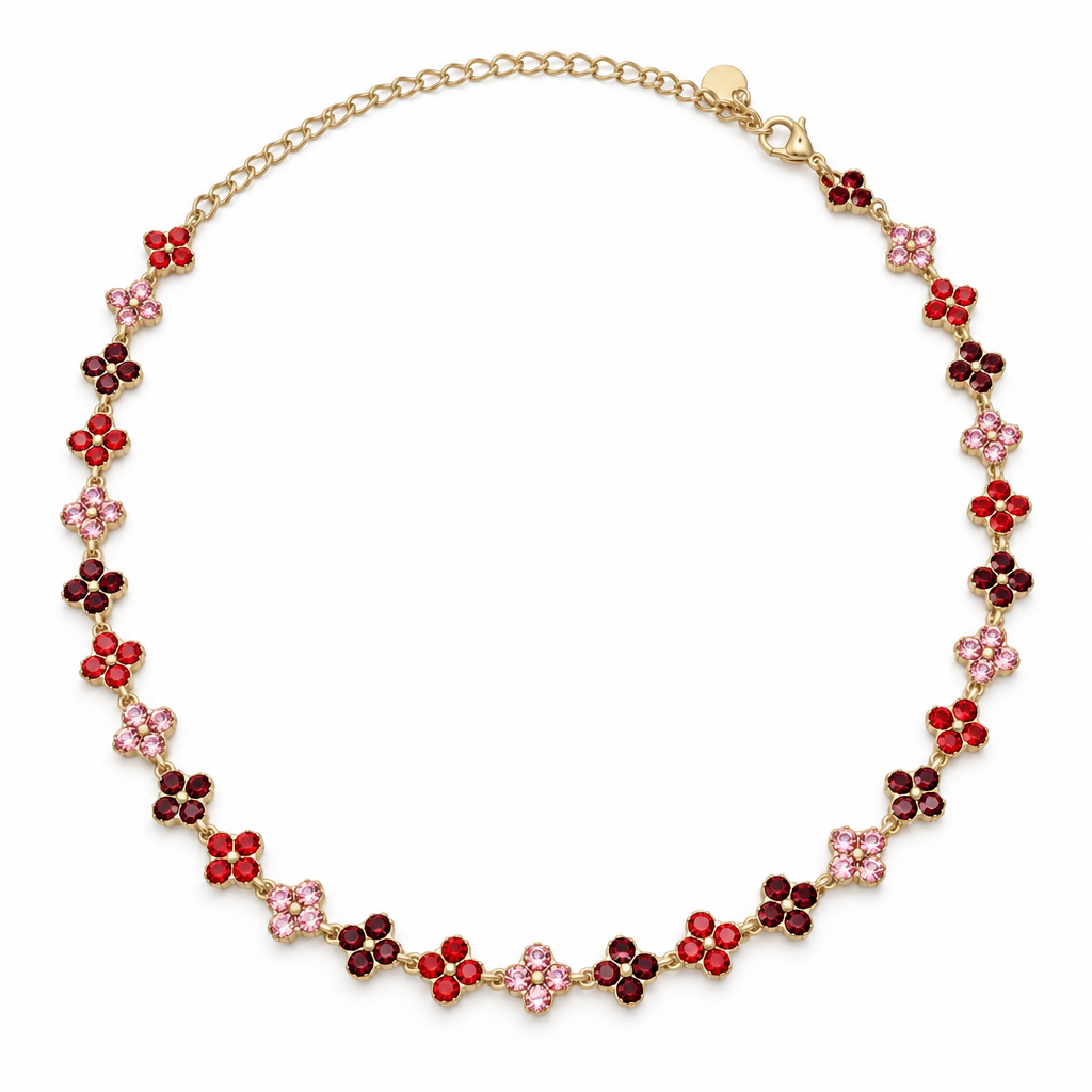 Collier trèfles cristal rouge-rose-bordeaux