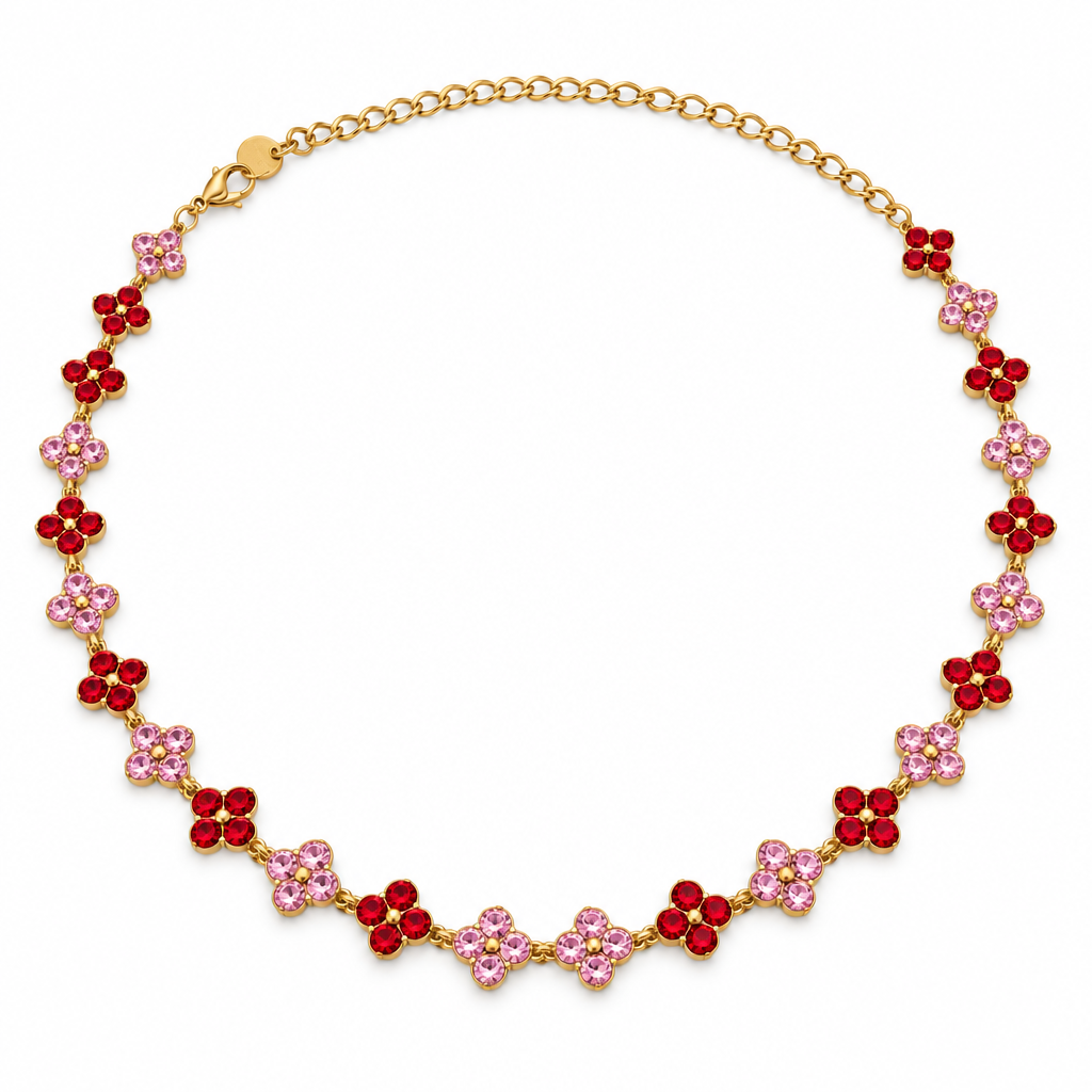 Collier trèfles cristal rouge-rose