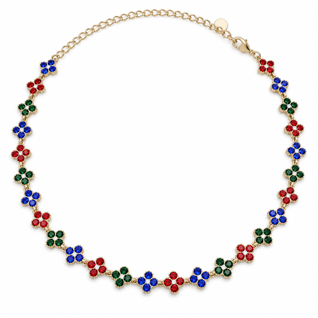 Collier trèfles cristal rubis-saphir-émeraude