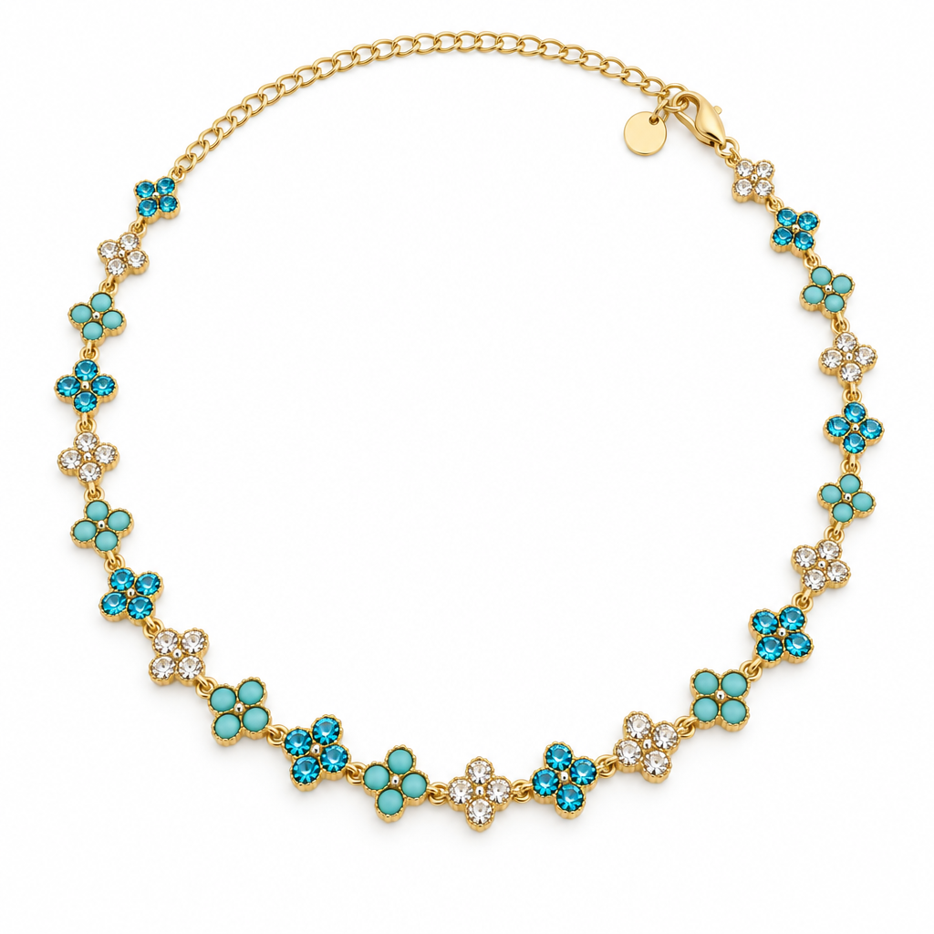 Collier trèfles cristal turquoise-cristal