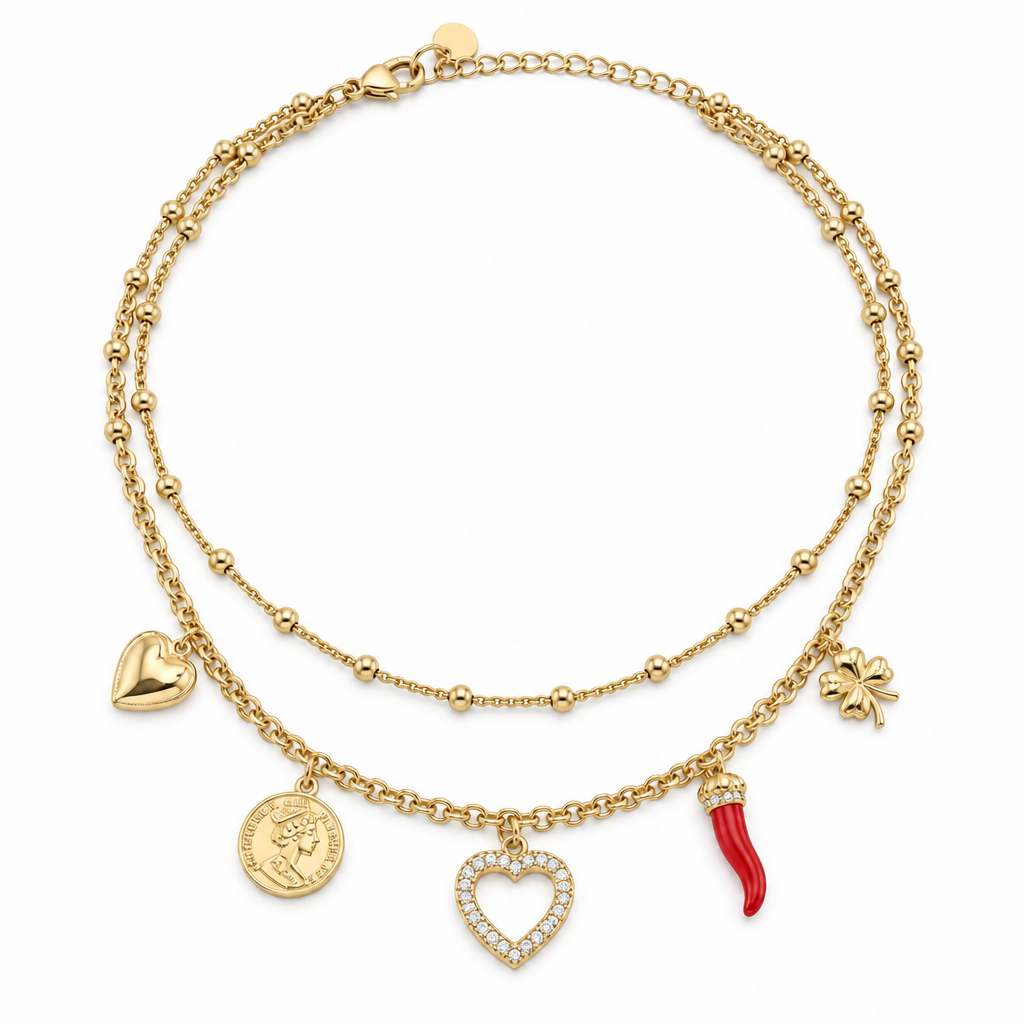 Collier double rang breloques porte-bonheur, acier 316L doré