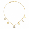 Collier breloques porte-bonheur fer à cheval, trèfle, œil, main de Fatma, infini, lune, acier 316L doré