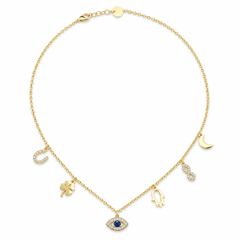 Collier breloques porte-bonheur fer à cheval, trèfle, œil, main de Fatma, infini, lune, acier 316L doré