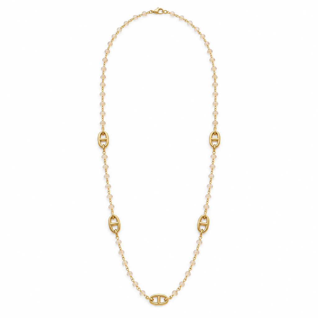 Sautoir perles champagne, acier 316L doré - Debo Bijoux