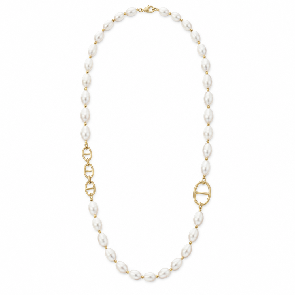 Sautoir perles blanc nacré, acier 316L doré - Debo Bijoux