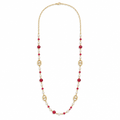 Sautoir perles blanches et cristaux rouges, acier 316L doré - Debo Bijoux