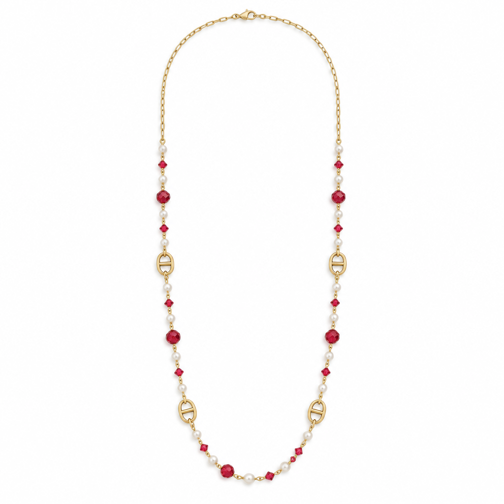 Sautoir perles blanches et cristaux rouges, acier 316L doré - Debo Bijoux