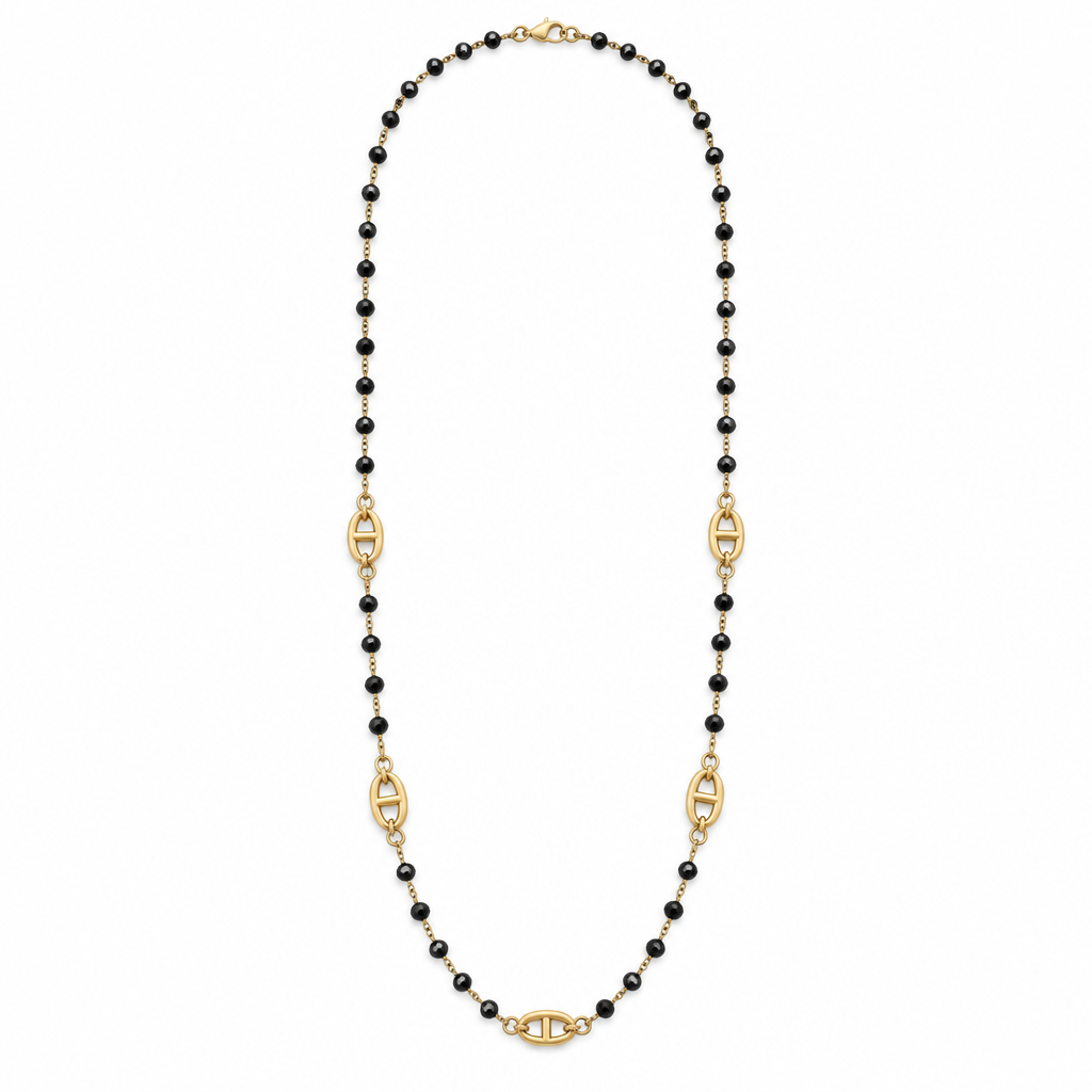 Sautoir perles noires facettées, acier 316L doré - Debo Bijoux