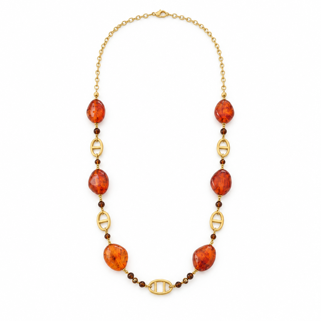 Collier mi-long perles couleur ambre, acier 316L doré - Debo Bijoux