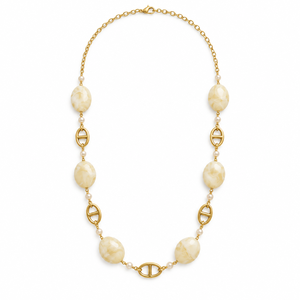 Collier mi-long perles ivoire marbré, acier 316L doré - Debo Bijoux