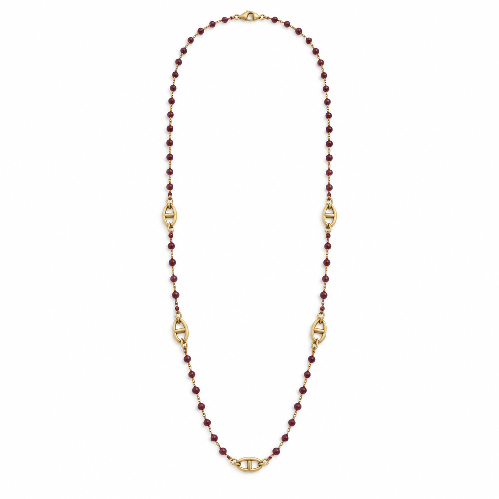 Sautoir perles bordeaux, acier 316L doré - Debo Bijoux