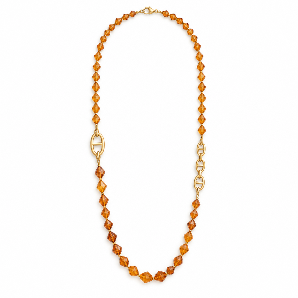 Sautoir perles facettées couleur ambre, acier 316L doré - Debo Bijoux