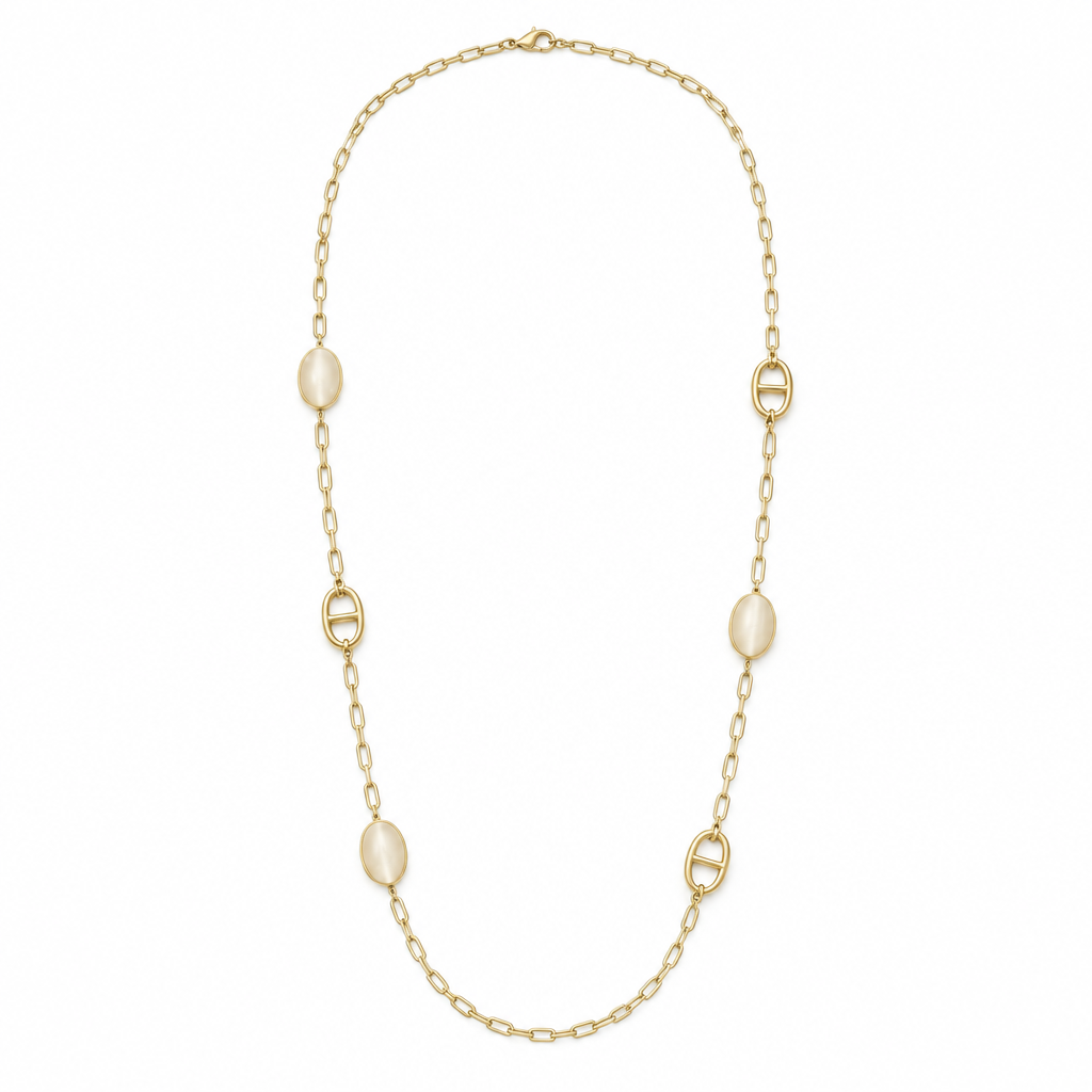 Sautoir chaîne et cabochons irisés beige, acier 316L doré - Debo Bijoux