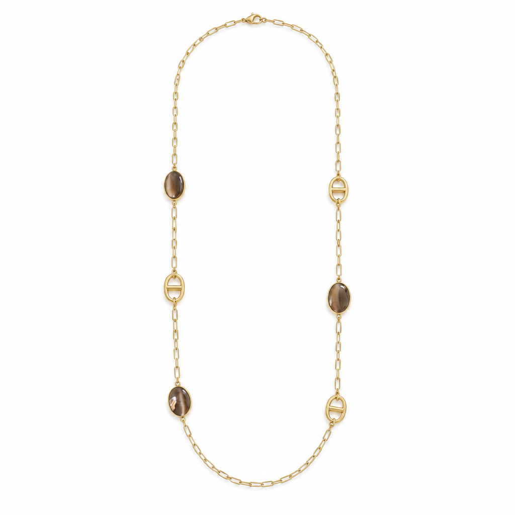 Sautoir chaîne et cabochons irisés marron, acier 316L doré - Debo Bijoux