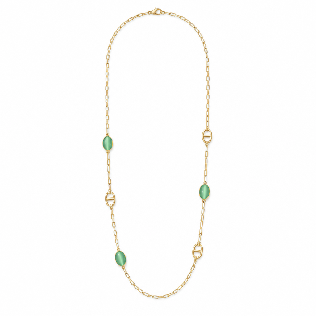 Sautoir chaîne et cabochons irisés vert, acier 316L doré - Debo Bijoux