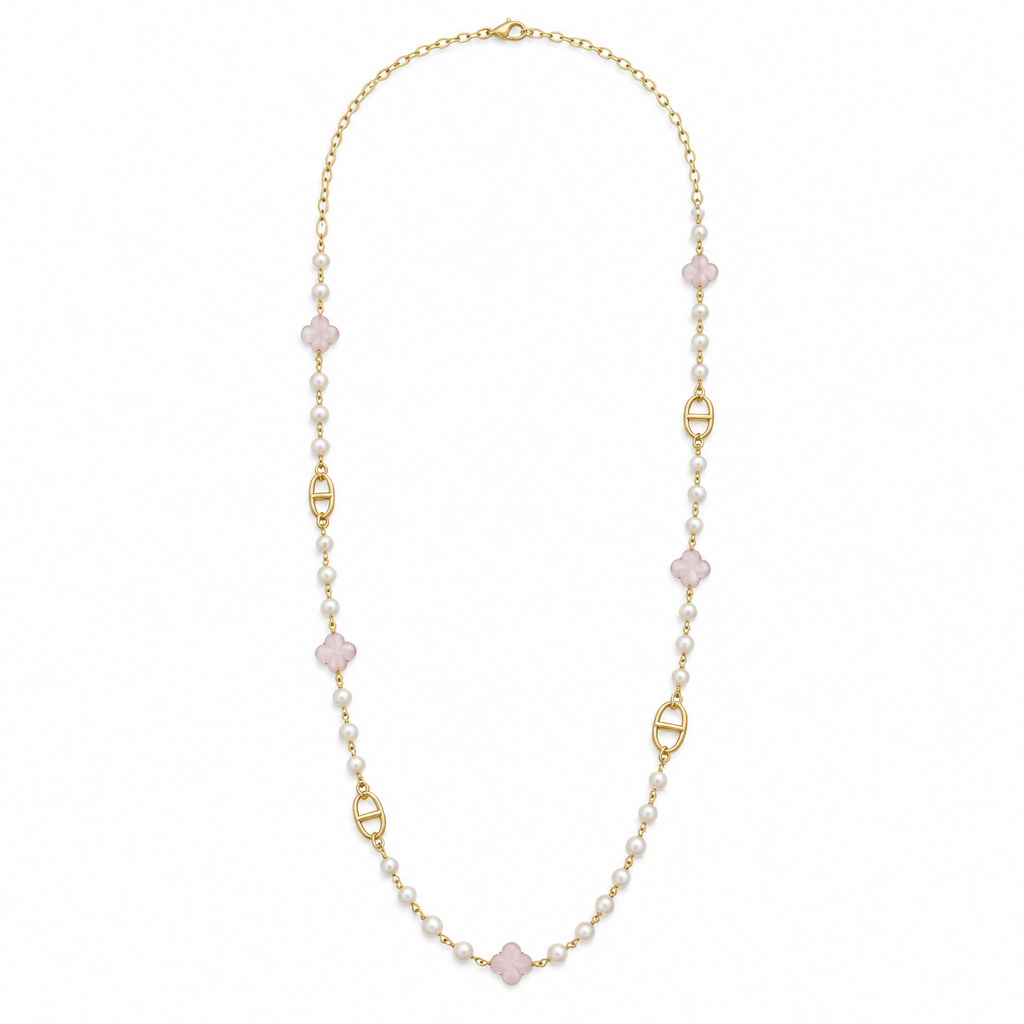 Sautoir perles et trèfles rose pâle, acier 316L doré - Debo Bijoux