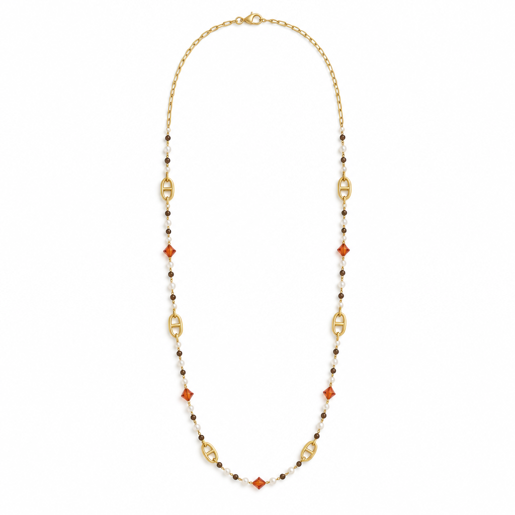 Sautoir perles et cristaux couleur ambre, acier 316L doré - Debo Bijoux