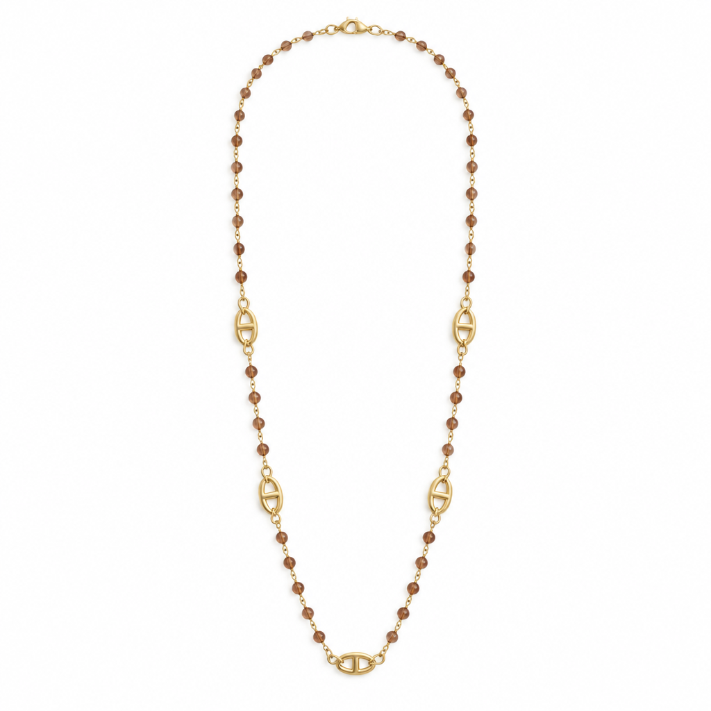 Sautoir perles caramel, acier 316L doré - Debo Bijoux