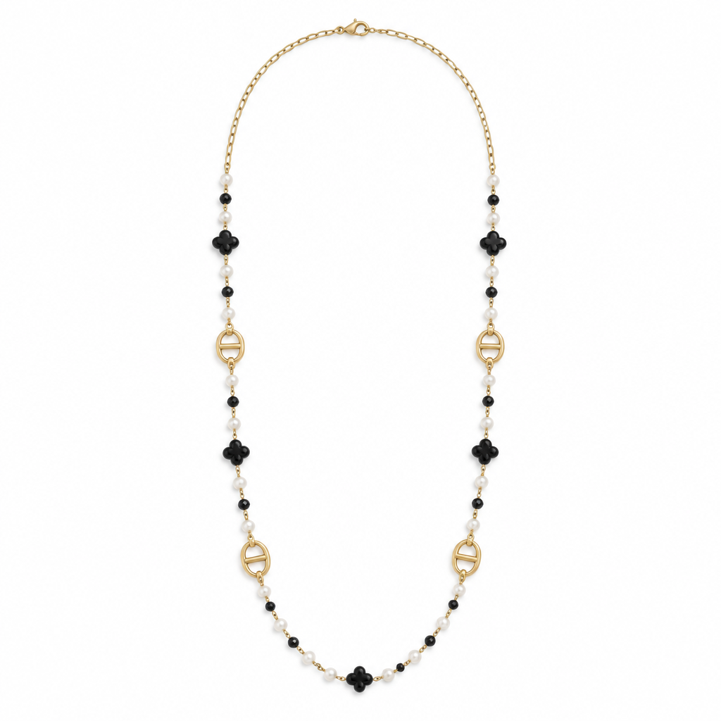 Sautoir perles et trèfles noirs, acier 316L doré - Debo Bijoux