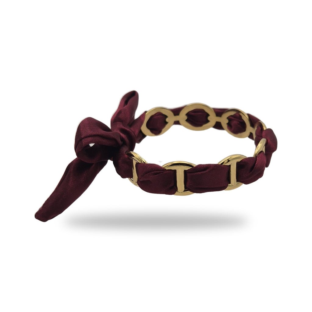 Bracelet ruban noué bordeaux, profil