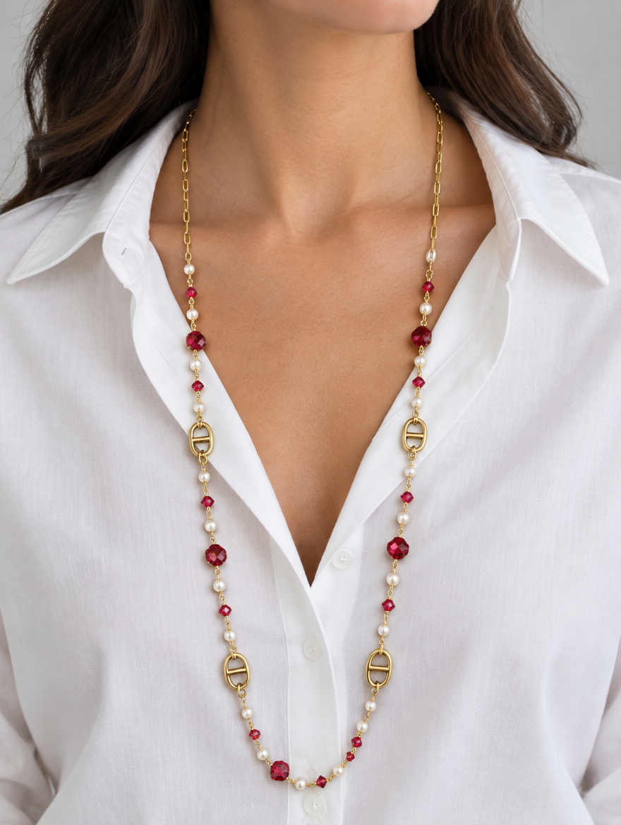 Sautoir perles blanches et cristaux rouges porté, acier 316L doré - Debo Bijoux